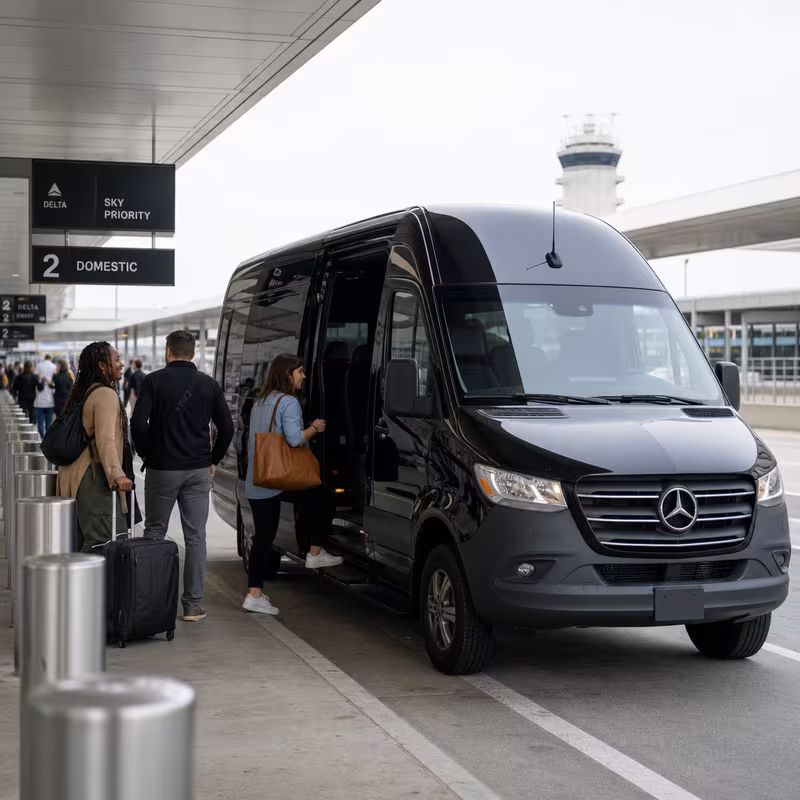 Group boarding a white charter bus for Airport Transportation transportation in Atlanta