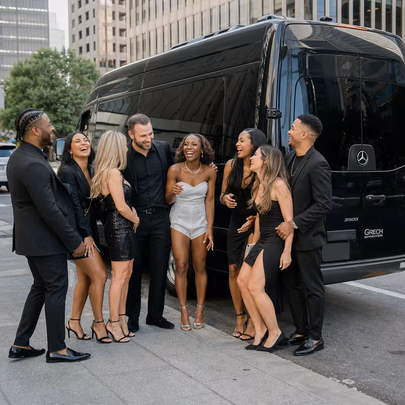 Group boarding a white charter bus for Bachelor & Bachelorette Transportation transportation in Atlanta