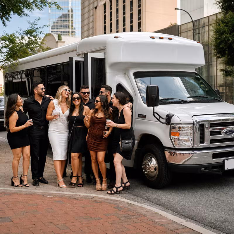 Black Mercedes Sprinter van staged for an Atlanta Bachelor & Bachelorette Transportation group