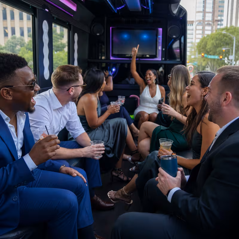 Party bus interior with wraparound leather seating and LED lighting in Atlanta