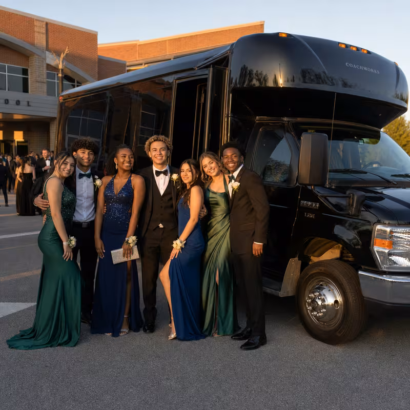 Group boarding a white charter bus for Prom & Homecoming Transportation transportation in Atlanta